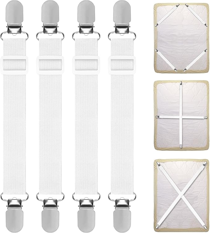 Bed Sheet Clips, 4PCS Adjustable Bed Sheet Straps, Elastic Sheet Straps Suspenders Clips for Bedding, Fitted Bed Sheet Grippers to Keep Your Sheets in Place