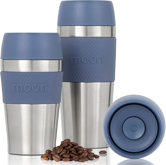 Moon 360° Travel Mugs - Leakproof Reusable Coffee Cup for Hot Drinks - Insulated Stainless Steel Thermal Mug, Fits Car Cup Holders (450ml, Recycled Metal/Blue)