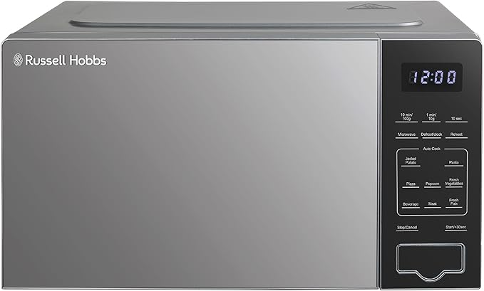 Russell Hobbs Touch Control Digital Solo Microwave 20L 800W in Silver with 10 Power Levels, 6 Auto Cook Menus, Defrost Control, Clock & Timer RHMT2005S