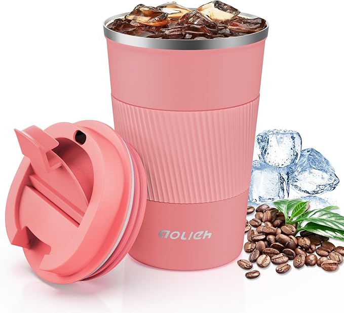 Travel Mug, Insulated Coffee Cup with Lid, Reusable Double Walled Vacuum Flask Leakproof Coffee Mug, Stainless Steel Thermal Cup for Hot Cold Drinks, Coffee, Tea and Beer, Grapefruit 380ml