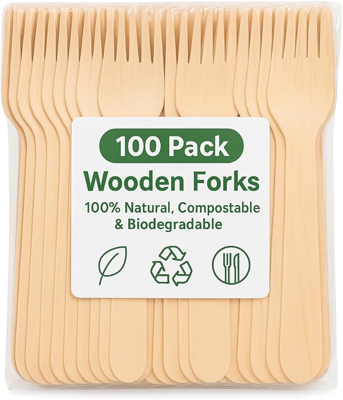 1Above 100Pk Disposable Wooden Cutlery Set, 100% Natural and Biodegradable, Eco-Friendly Cutlery Set for Wedding, Office and Party Picnic (Fork)