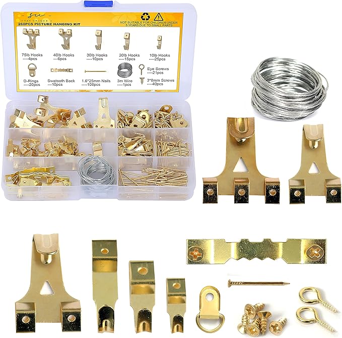 StayUnique1 - 260 PCs Picture Hooks Heavy Duty-- Rustproof Picture Hanging Kit with Saw Tooth, D-Ring, Nails with Screws for Mirrors, Picture Frames & Paintings