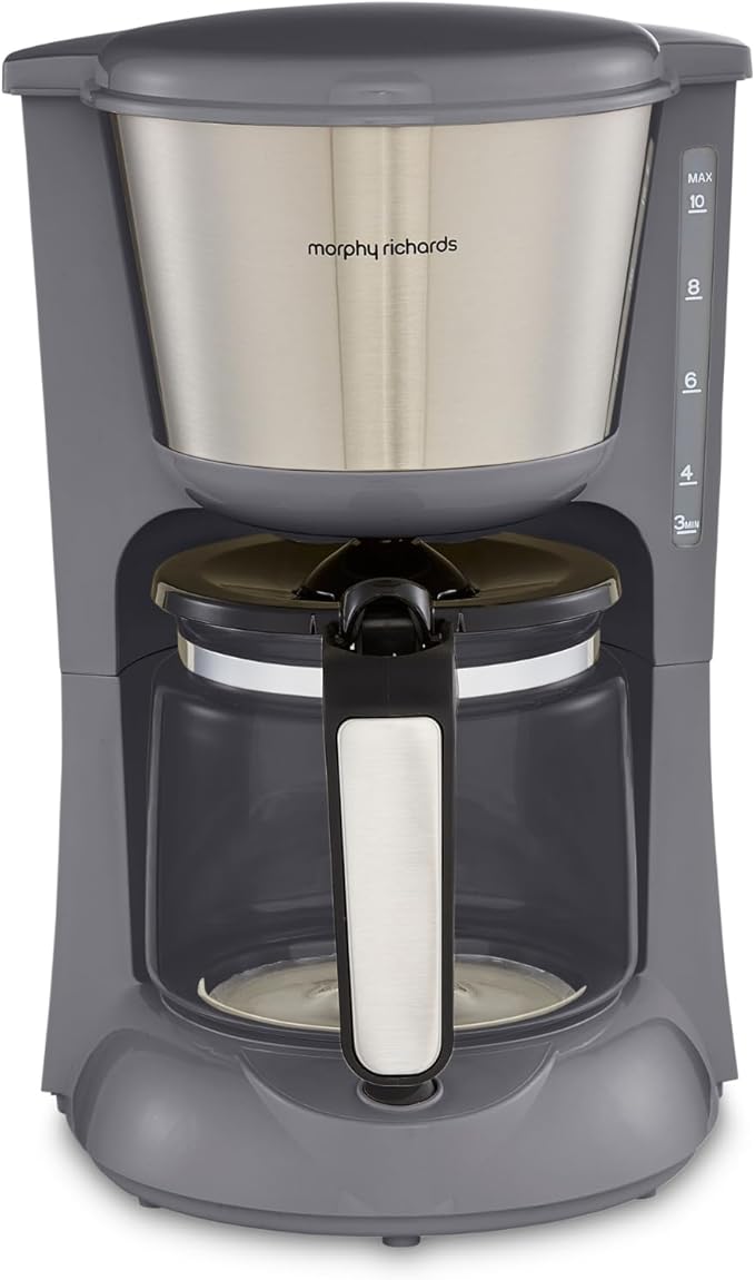 Morphy Richards Equip Filter Coffee Machine, Pour Over Technology,10 Cup Capacity, Fast Brew, Anti Drip, Easy Clean Reusable Filter, Keep Warm, Aroma Blender, Grey and Stainless Steel,162505