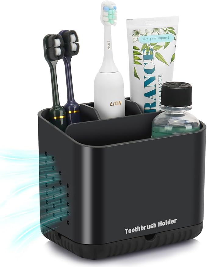 Black Toothbrush Holder Easy to Clean Electric Toothbrush Holder with Drainage, Freestanding Toothbrush Caddy for Family, Detachable Toothbrush Holders for Bathroom Organiser Storage