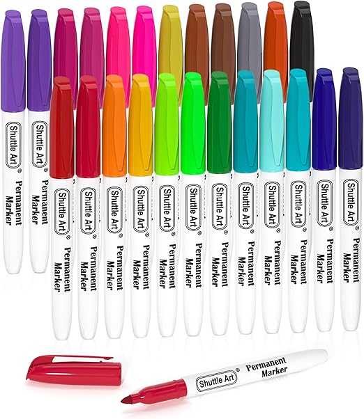 Shuttle Art 24 Colours Permanent Markers, Fine Point Assorted Colours, Works on Plastic, Wood, Stone, Metal and Glass for Doodling, Colouring, Journaling for School Office Home