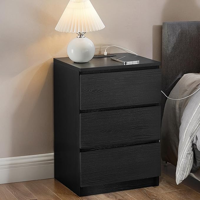 VASAGLE KAILYN Collection - Bedside Table with Power Strip, Side End Table with Drawers, 2 AC Outlets, 2 USB Ports, for Living Room, Bedroom, Study, Ebony Black LET631B57