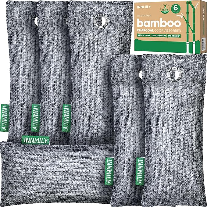 Bamboo Charcoal Air Purifying Bags, 6 Pack Natural Shoe Odor Eliminator, Sneaker Deodorizer and Moisture Absorbers for Clean Footwear, Shoe Odor Remover