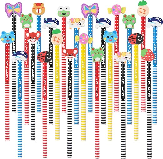 VEYLIN 24 Pieces Pencils with Rubbers Fun Wooden Pencils Set for Kids Party Bag Pencils Class Gifts School Supplies