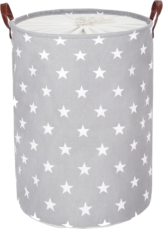 DOKEHOM 20-Inches Freestanding Laundry Basket with Lid, Collapsible Large Drawstring Clothes Hamper Storage with Handle (Grey Star, L)
