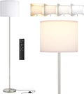 Modern Simple Floor Lamp with Remote, Foot Switch, White Shade and Silver Standing Lamp for Living Room (9W Bulb Included)