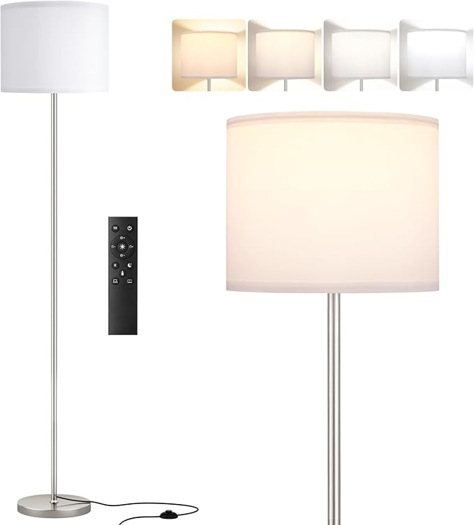 Modern Simple Floor Lamp with Remote, Foot Switch, White Shade and Silver Standing Lamp for Living Room (9W Bulb Included)