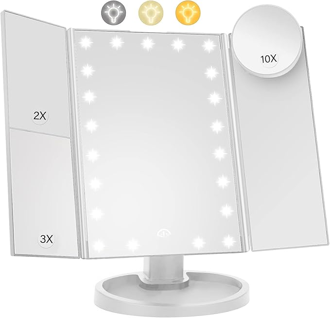 Lighted Makeup Mirror with 22 LED Lights, Dual Power Supply 1x/2x/3x/10x Magnifying Touch Screen Dimmable Mirror, 180 Degree Adjustable Angle, Travel Cosmetic Mirror - White