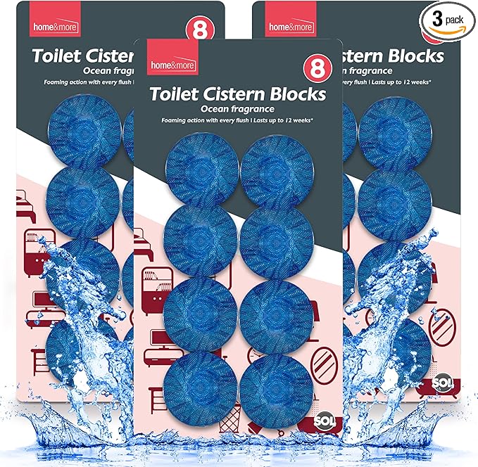 24pk x 50g Toilet Cistern Blocks, Blue Ocean Scent Freshener Tablets, Powerful Rim and Bowl Cleaning, Long-Lasting Fragrance, Prevents Limescale, and Effectively Fights Odours