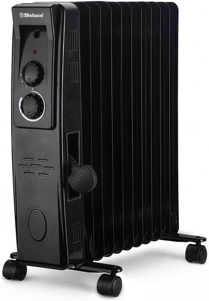 Belaco Oil Filled Radiator 11 Fins, Portable Electric Heater with Adjustable Thermostat, 3 Heat Settings, Overheat Protection, 2500W, Heavy-Duty Castors