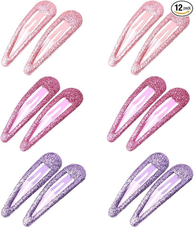 Glitter Hair Snap Clips - Metal Hair Clips Colorful Glitter Sequin Hair Clips Barrettes Hair Styling Accessories for Toddlers Kids Girls Women, Pink*4 + Rose Red*4 + Purple*4