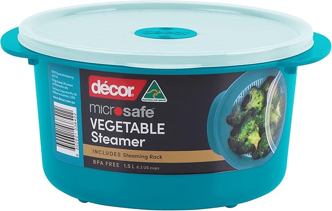 Décor Microsafe Vegetable Steamer designed for quick microwave heating and cooking. Steam meat, fish and vegetables in minutes Dishwasher & Freezer Safe BPA Free 1.5L Capacity - Teal