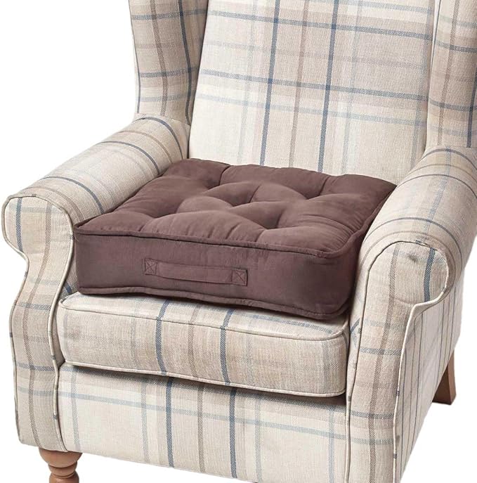 HOMESCAPES Brown Armchair Booster Cushion Large Firm 50cm Square Seat Pad with Supportive 10cm Thick Lift Soft Touch Chocolate Faux Suede Cushion For The Elderly, Post-Operative and Pregnancy