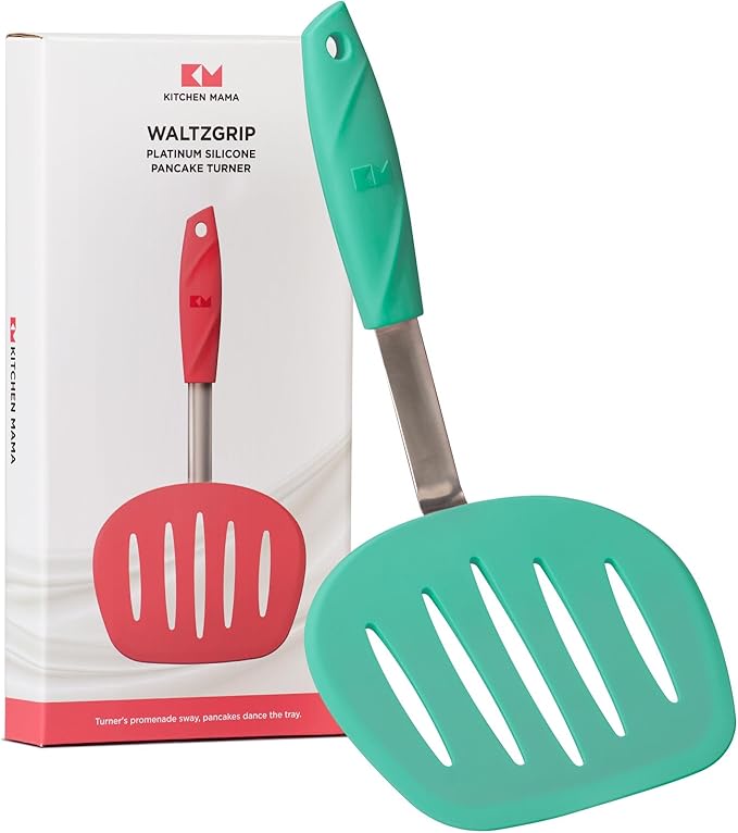 Kitchen Mama WALTZGRIP Platinum Silicone Pancake Spatula Turner: Heat-Resistant, Wide Slotted Tapered Head Stainless Steel Core. Durable, Dishwasher-Safe, Flipping Cooking Needs, Wok Use (Teal)