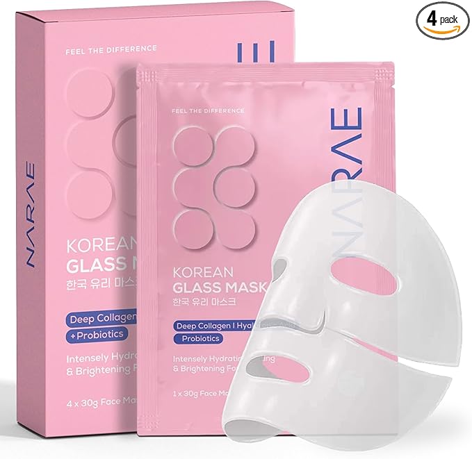 NARAE Korean Glass Mask (4x Pack), Collagen Face Mask for Glass Skin Glow, Overnight or 3-4 Hour Hydrating Hydrogel Collagen Mask with Hyaluronic Acid & Probiotics, Korean Skin Care Masks for Dry Skin