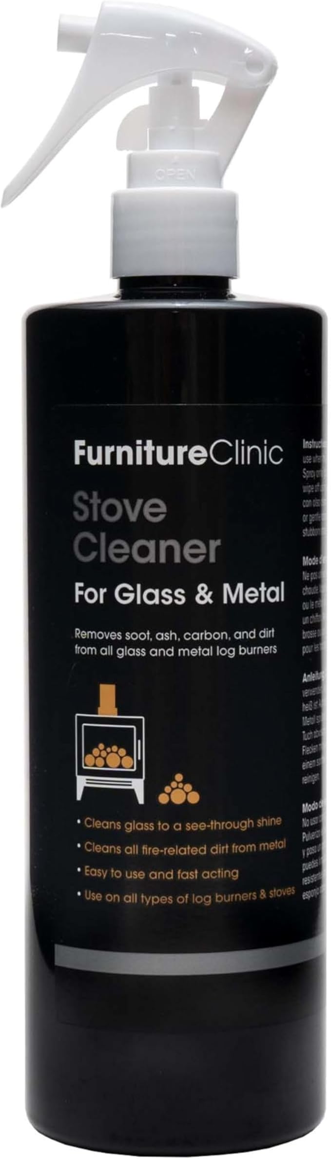 Furniture Clinic Stove Glass & Metal Cleaner - Clean & Removes Ash, Carbon, Soot & Dirt - Use for Cleaning Both Door Glass & Metal Surfaces of Wood Log Burner Stoves & Fireplace Hearth - 500ml Spray