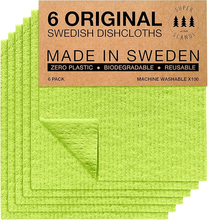 SUPERSCANDI 6 Pack Reusable Cleaning Cloths - 100% Biodegradable & Compostable Washable Swedish Dishcloth - Food-Safe & Plastic-Free Kitchen Cloth Suitable for Any Surface, Apple Green