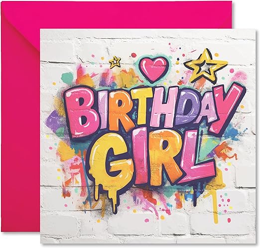 Birthday Girl - Graffiti Style Happy Birthday Greetings Card - Full Colour Inside reads: Have an awesome day! - Includes Pink Envelope - Made in the UK (1 x Card)