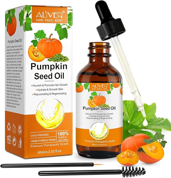 Pumpkin Seed Oil for Hair Growth, Organic Pumpkin Seed Oil, 100% Pure Cold Pressed, Help Growth for Eyebrows, Eyelashes & Dry Damaged Hair, Moisturizing Scalp,Face, Nails, Body, Skin, 1 Pack