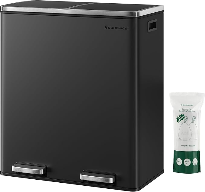SONGMICS Dual Rubbish Bin, Metal Recycling Bin with 15 Rubbish Bags, 2-Compartment, with Lids, Pedals, Plastic Inner Buckets, Soft Closure, 2 x 8 Gallons (2 x 30 L), Black LTB60BK
