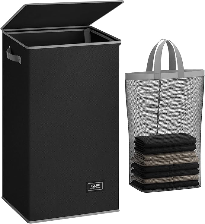 SOLEDI Laundry Baskets with Lid 100L Large Laundry Bin, Washing Baskets for Laundry with Removable Bag - Foldable Dirty Clothes Laundry Baskets for Bedrooms (Black)