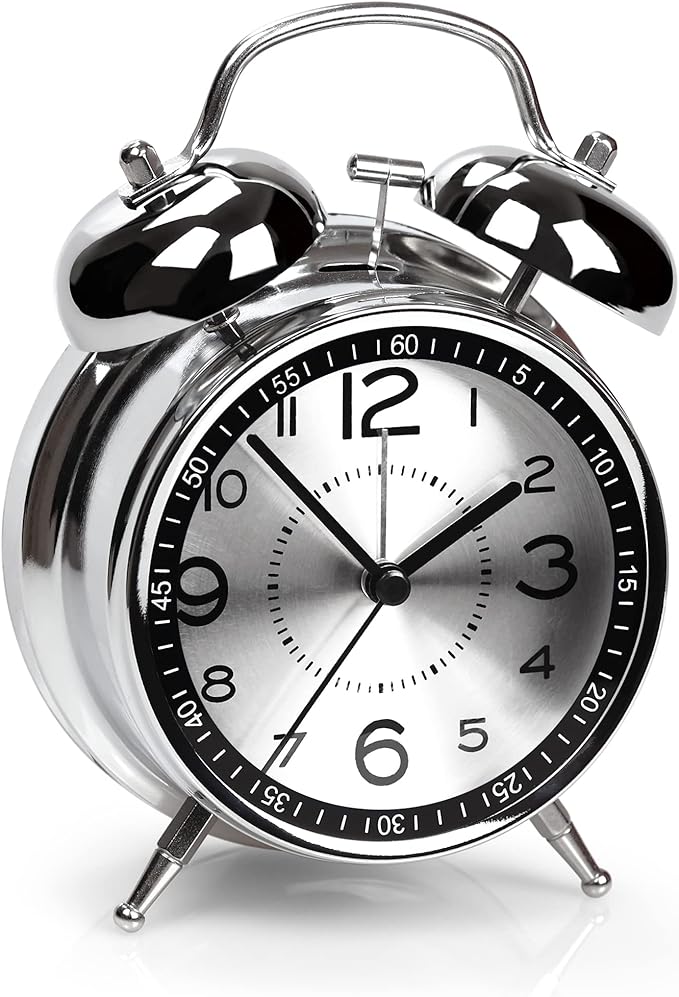 Super Loud Alarm Clock for Heavy Sleepers Adults, Twin Bell Retro Design, 4 Inch Silent Non-Ticking Quartz with Backlight, Metal Dial, Perfect for Bedrooms and Bedside (Grey)