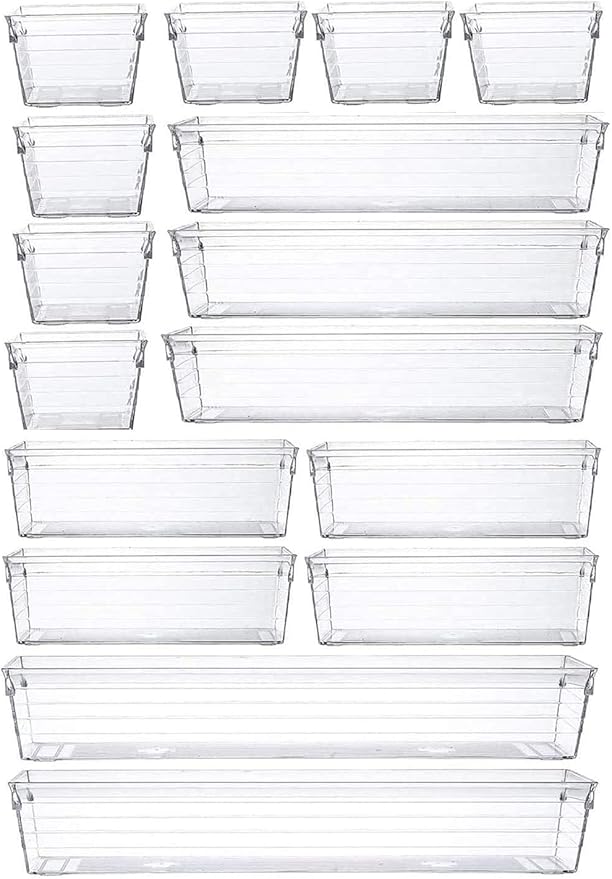 Grace Store 16 Pcs Clear Plastic Drawer Organiser Trays Desk Versatile Kitchen Drawer Organiser Bins Tray for Makeup Bedroom Office