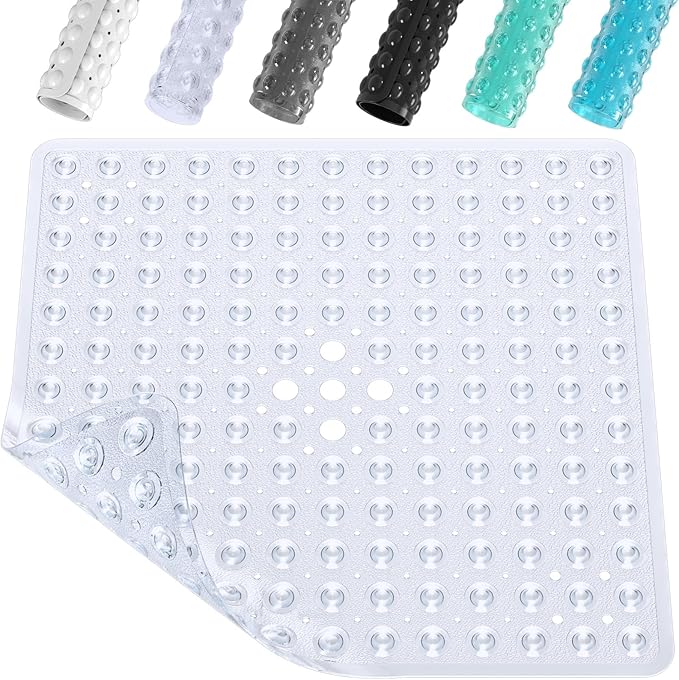 XIYUNTE Shower Mat Non Slip Anti Mould - 53 x 53cm Square Bath Mat Non Slip Shower Mats for Inside Shower, Anti Slip Shower Mat with Strong Suction Cups & Drain Holes, Machine Washable, Clear