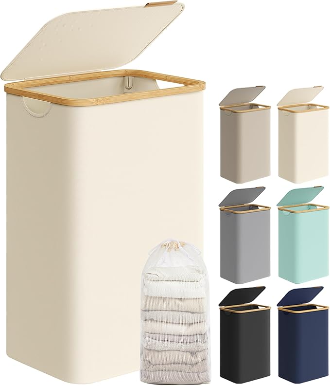 SONGMICS Laundry Basket with Lid, Large Laundry Hamper, 90L, Removable Mesh Liner, Oxford Fabric, Bamboo Handles, Collapsible, 42 x 32 x 70.5 cm, Cream White LCB509W01