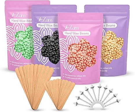 AZAM Hard Wax Beads for Hair Removal - Full Body 4X100G Painless Beans With 20 Applicators and 10 Nose Sticks - Professional for Eyebrow, Bikini