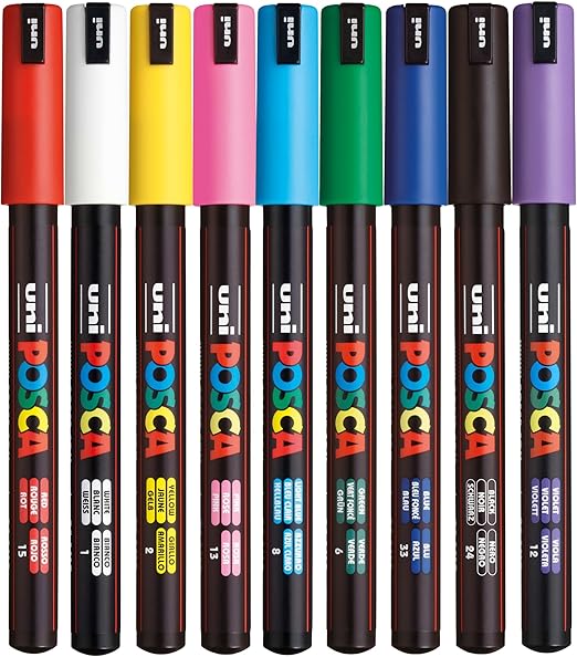 Posca - Standard PC-1MR Acrylic Paint Pens (9pc), Multi Surface Markers for Windows, Glass, Graffiti, Fabric, Rock Painting, Canvas, Wood, Metal, Fabric, Colouring, Arts & Crafts, with 4 Stickers