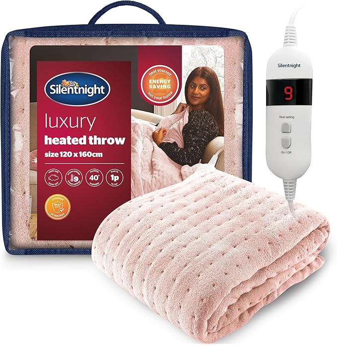 Silentnight Comfort Control Heated Throw Blanket - Luxury Fleece Electric Heated Overblanket for Sofa Bed with 9 Heat Settings, Fast Heat-up and Safety Shut Off - Machine Washable - 120x160cm - Blush