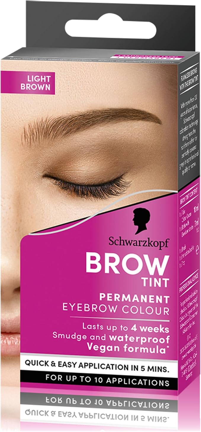 Schwarzkopf Brow Tint Light Brown, Permanent Eyebrow Colour for up to 10 Applications, Lasts up to 4 Weeks and Covers Grey Hairs, Waterproof & Smudge-proof, Vegan Formula, 10 ml