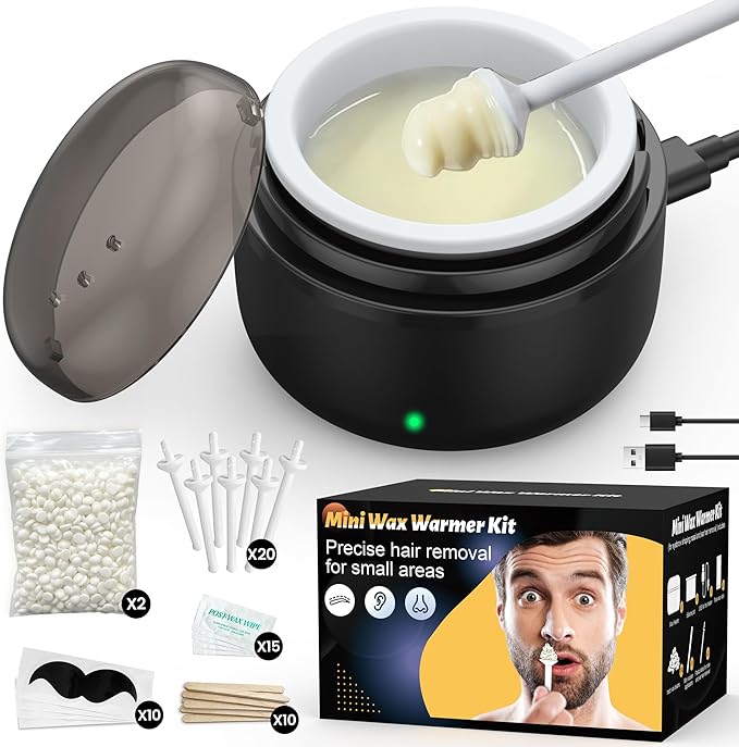 Nose Hair Wax Kit for Men and Women: Facial Waxing Kit with Black Mini Heater, USB Rapid Heating, Constant Temperature, 100g Wax, 20 Ear Wax Applicators, 10 Wooden Waxing Sticks, 10 Moustache Stencils