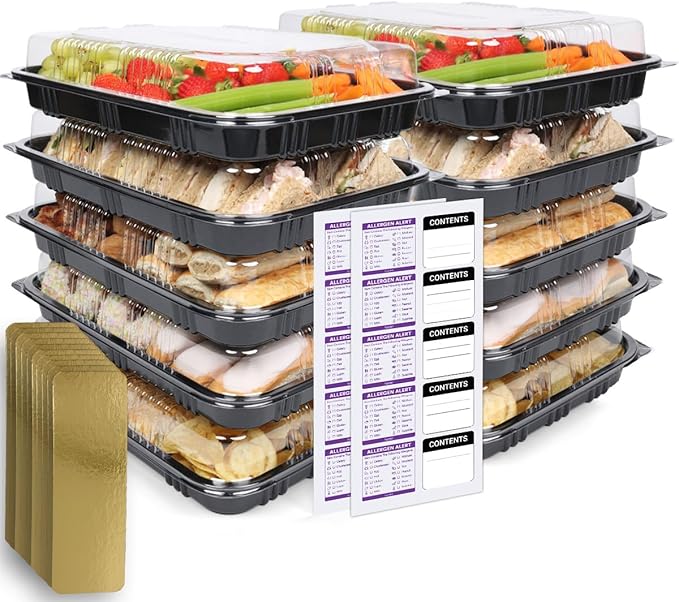 Reusable Sandwich & Serving Platter Trays with Clear Lids – Pack of 10 Catering Food Platters with Dividers & Labels for Parties, Buffets, Events & Meal Prep – 33.5 × 24 × 7 cm