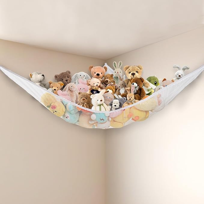 Stuffed Animal Net Hammock Corner Large Toy Storage Organizer Holder Plushies Stuffy Storage Hammock for Kids Baby Nursery Bedroom Playroom Home Wall Room Decor (White)