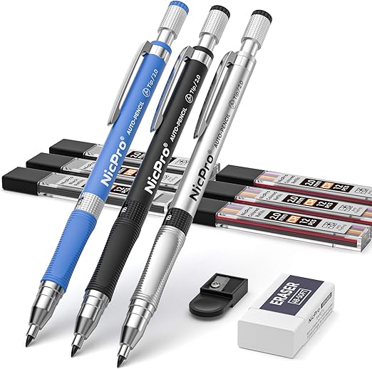 Nicpro 11 PCS Colors 2mm Mechanical Pencil Set, 3 PCS Carpenter Drafting Pencil 2.0 mm for Art Drawing Writing Sketching Construction with 6 Tube Pre-Sharpen 2B & Color Refill, Eraser, Sharpener