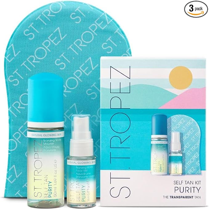 St.Tropez Self Tan Purity Starter Kit, Travel Size, Tanning Bronzing Water Mousse 50ml, Face Mist 14ml, Applicator Mitt, Vegan, Natural & Cruelty Free