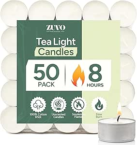 Zuvo 8-Hour Unscented Tea Light Candles (50-Pack) - Long-Lasting with Cotton Wicks, Clean Burning, 3.8 x 2.3 cm, White