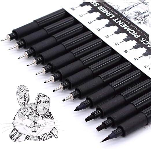 TWOHANDS Art Pens Fineliner, Ink Set of 12 Technical Drawing Pigment Pen, Markers, Fine Point, Black, Waterproof, for Art Watercolor, Sketching, Anime, Manga, 902188