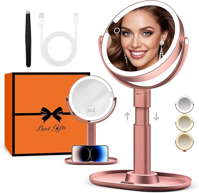 B Beauty Planet Makeup Mirror with Lights, Lighted Magnifying Mirror 30X with 3 Lighting and Adjustable Brightness, 2-Sided Height Adjustable Vanity Mirror for Bathroom, Present for Women Rose Gold