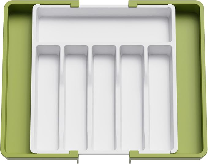 Lifewit Extendable Cutlery Drawer Organiser, Adjustable Cutlery Tray, Plastic Adjustable Kitchen Storage Dividers for Utensil Spoons Forks Knives, 8 Compartments, 33-57 x 38cm, Green&White