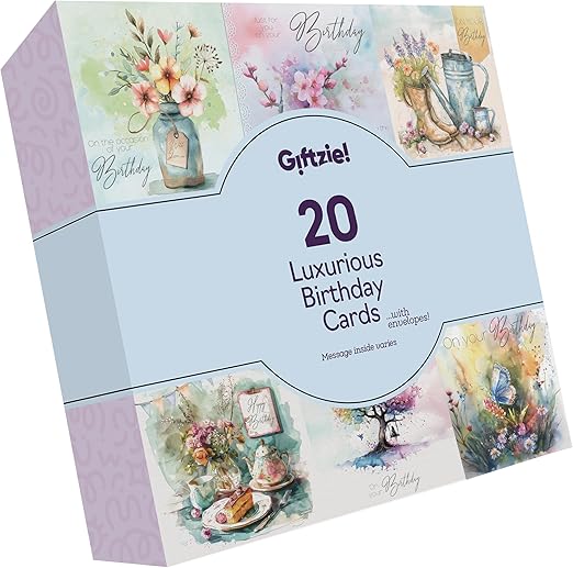 Luxury Birthday Cards Multipack - Assorted Watercolour Pastel Cards - 20 Pack of Birthday Cards and Envelopes for Women Men, 145mm Happy Birthday Greeting Card Box