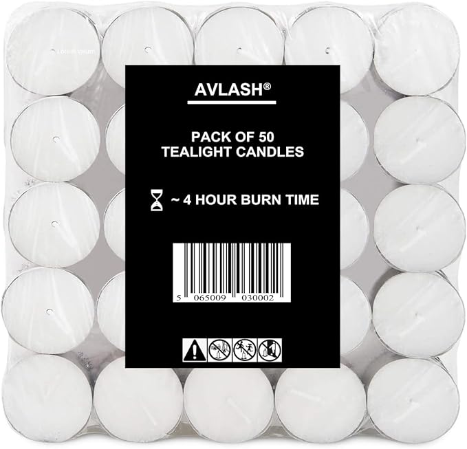 Pack of 50-4 Hour Burning Time Unscented Tea Lights, Great for Centrepieces, Weddings, Christmas, Spa, Dining Table and Home Décor