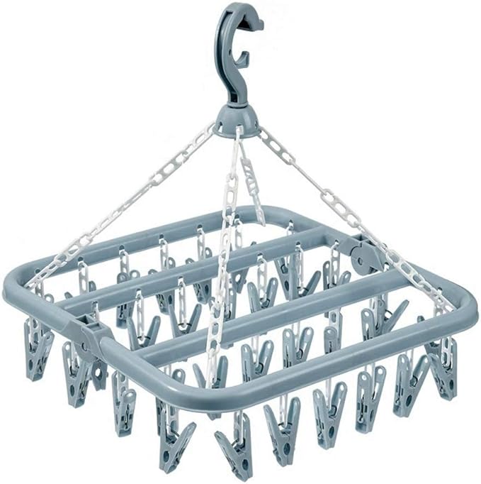 Clothes Drying Hanger with 32 Clips and Drip Foldable Hanging Sock Rack