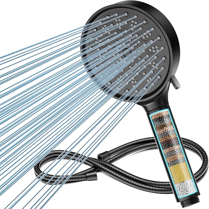 Cobbe Filter Shower Head and Hose, High Pressure 6 Spray Mode Showerhead with Filters, Hard Water Softener Filters Shower Head for Residual Chlorine Remove, Black